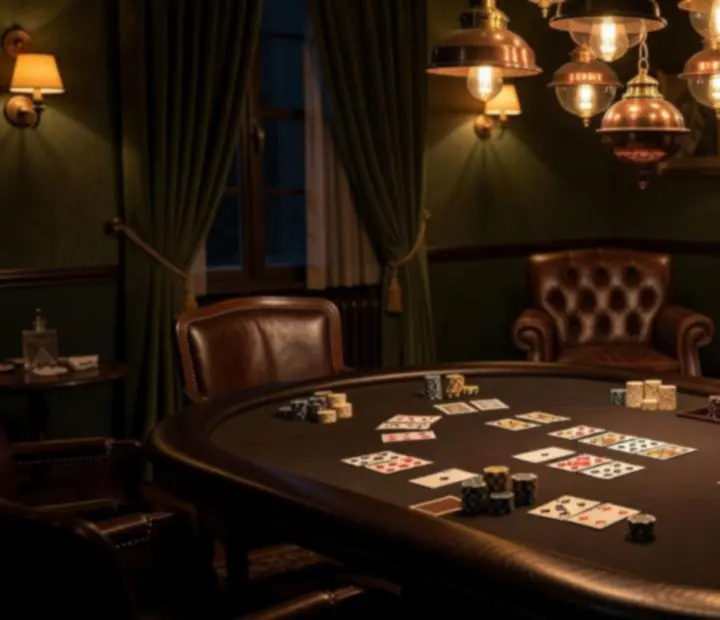 Večerní card room ve Vellaro s pokerovými stoly a měkkým osvětlením