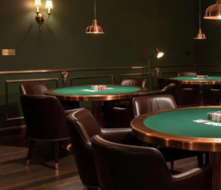 Večerní interiér card roomu ve Vellaro s pokerovými stoly a karetní atmosférou