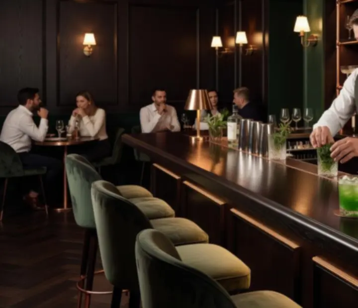 Večerní koktejlový bar Vellaro s teplým světlem a měděnými akcenty