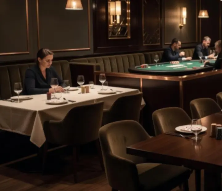 Tmavý olivový interiér restaurace Vellaro s dlouhými stoly a karetní zónou