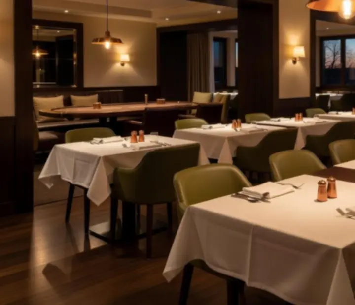 Večerní interiér restaurace Vellaro s dlouhými stoly a karetní lounge v pozadí