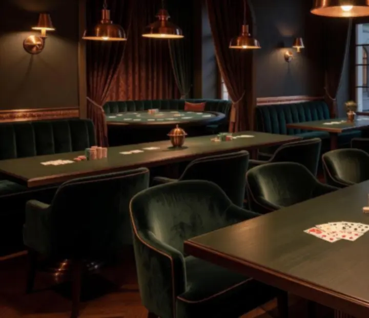 Večerní karetní lounge restaurace Vellaro s pokerovým stolem a teplým osvětlením.