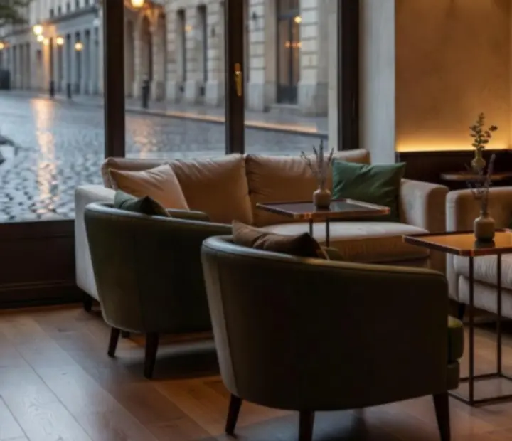Pohodlné posezení v karetním lounge s pohovkami a křesly.
