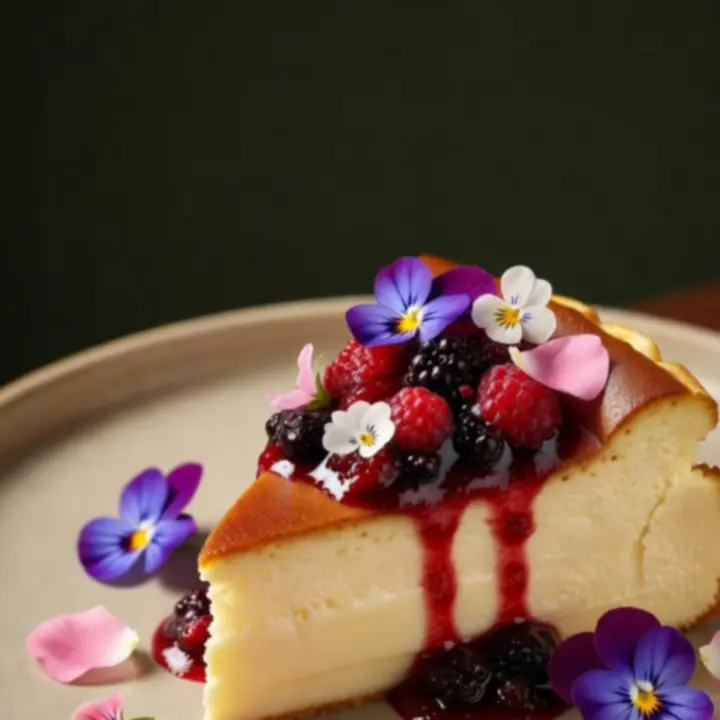 Porce pečeného cheesecaku s ovocem v restauraci Vellaro