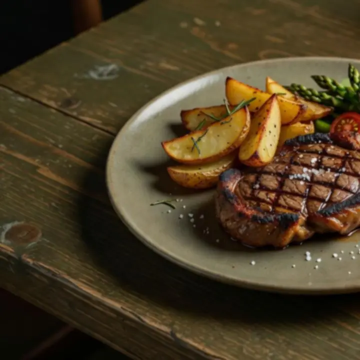 Grilovaný steak se sezónní zeleninou a přílohami v restauraci Vellaro