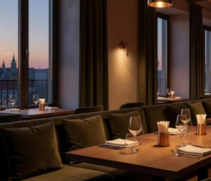 Večerní interiér restaurace Vellaro s prostřenými stoly a tmavě olivovým bistro designem