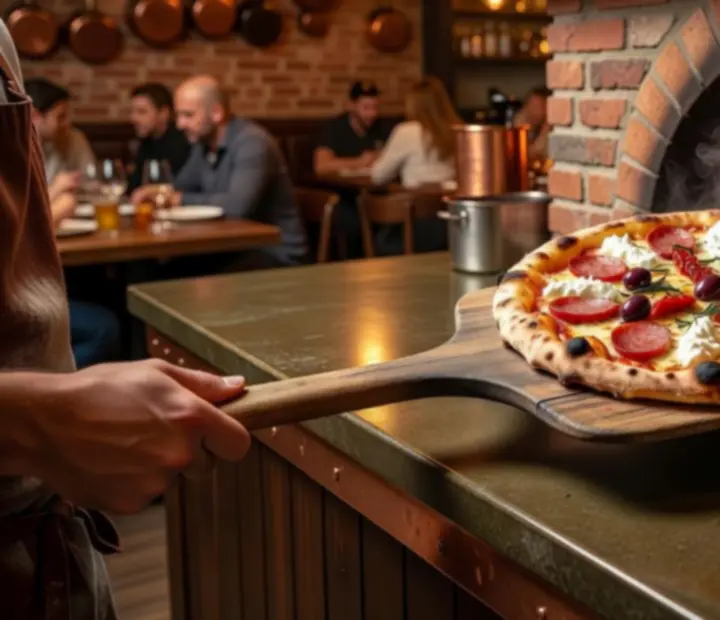 Řemeslná pizza vyjíždějící z pece na dřevo v restauraci Vellaro